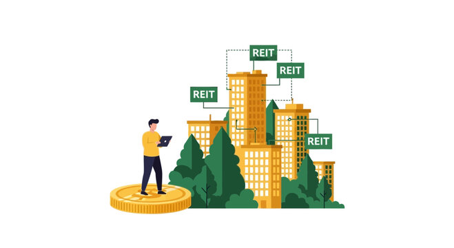 REIT Real Estate Investment Trust Concept with Businessman Investing in Property via Digital Tablet Illustration