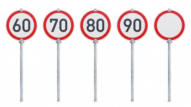 Multiple circular speed limit road signs displaying numbers sixty seventy eighty ninety and blank isolated on white background
