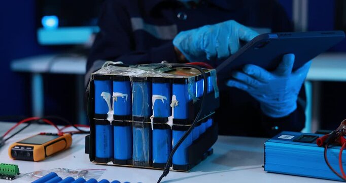 Technician wearing blue gloves inspects a damaged lithium battery pack with a tablet and testing tools in a dark repair workshop.