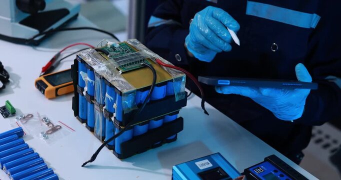 Technician in blue gloves inspects a lithium battery pack with a tablet during electric vehicle battery repair at a workbench.