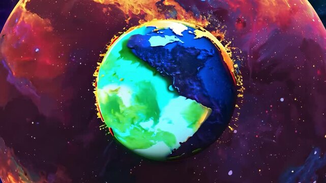Stylized Earth globe surrounded by fiery orange light in deep space, overheating planet, climate warming, cosmic energy artwork.