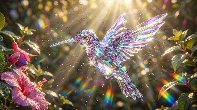 Surreal digital art composition of a vibrant hummingbird crafted from colorful prism glass catching light rays