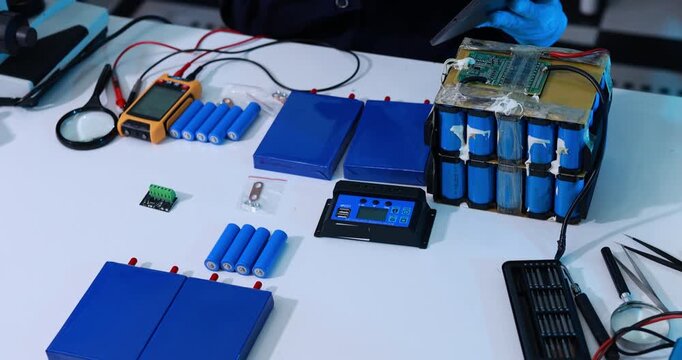 Electronics workshop table with blue lithium battery cells, battery packs, charger, multimeter, wires and testing tools for electric power repair.