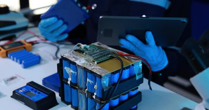 Technician in blue gloves inspecting a damaged electric vehicle battery pack with a tablet at an electronics repair bench.