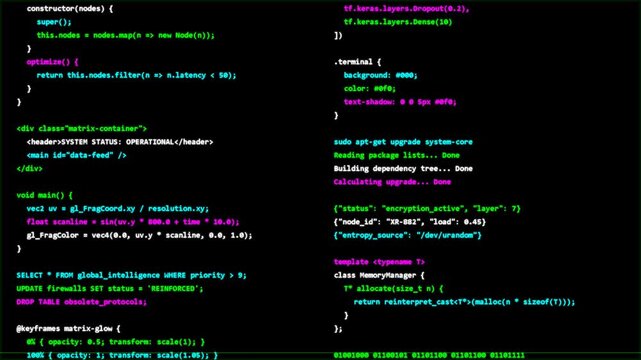 Computer programming screen showing complex source code, software development process, data analysis, coding structure, syntax highlighting, system architecture