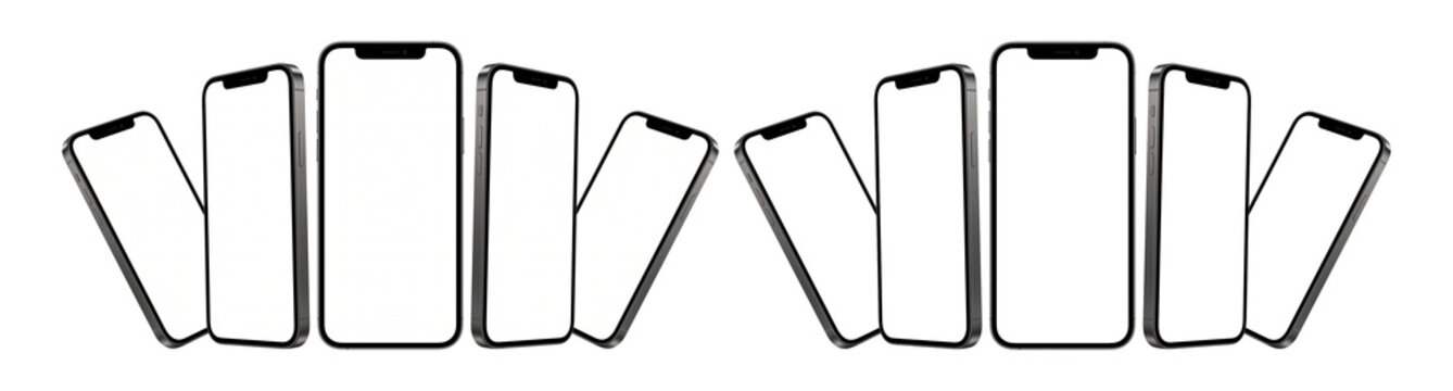 Mobile phone frames with blank screens arranged in a fan shape isolated on transparent background for digital application interface mockup.