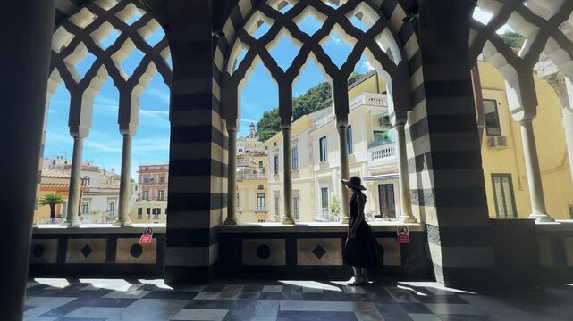Fashion Woman Enjoying Panoramic View from Amalfi Cathedral