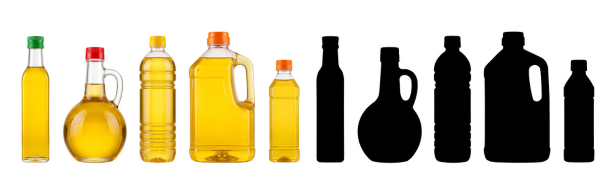 Various cooking oil containers in plastic and glass bottles beside matching silhouettes representing food supply and kitchen staples storage.