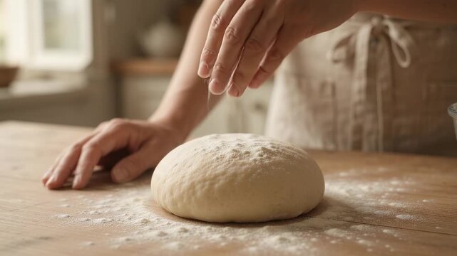 Close-up of a baker hands sprinkling flour over a round ball of dough on a wooden kitchen table