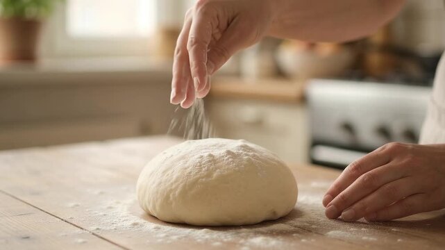 Close-up of a baker hands sprinkling flour over a fresh dough ball on a wooden table in a kitchen