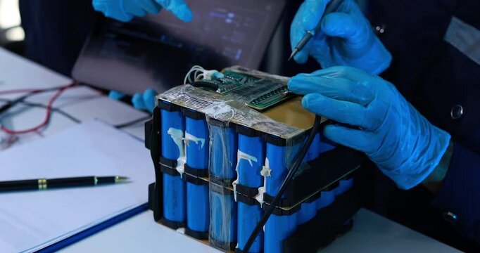 Forensic technician in blue gloves examines a damaged lithium battery pack with probe tools beside a laptop during a safety investigation.