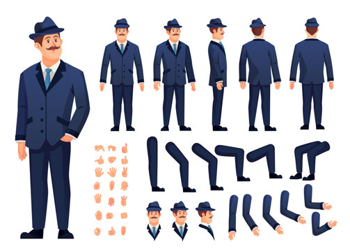 Retro detective man vector illustration character creation set with multiple poses