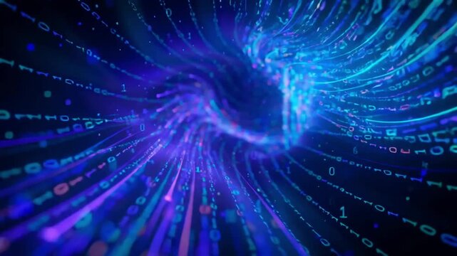 Swirling vortex tunnel of glowing binary code in blue and purple
