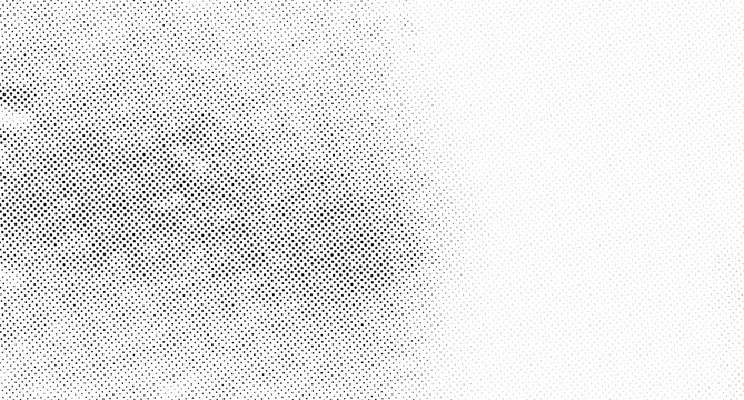 Black and white halftone dot pattern gradient, distressed texture with fading circular points on a white background