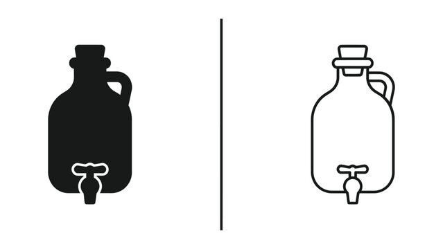 Black silhouette and line art depiction of two vintage glass jugs with spigots on a white background