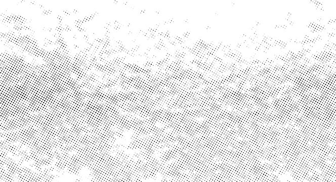 Black and white halftone dot texture pattern, distressed grunge overlay with gradient density and scattered circular pixel