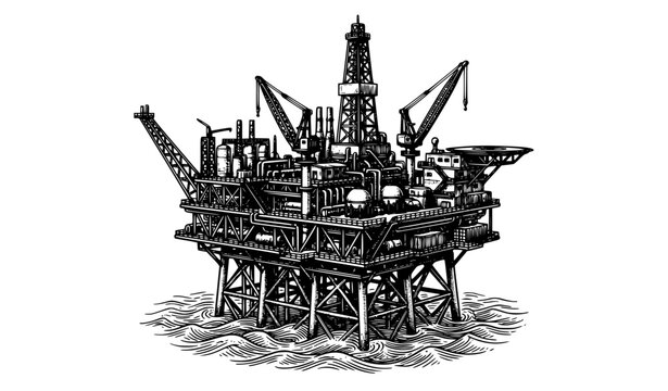 Technical offshore oil extraction platform with drilling tower black white sketch vector illustration