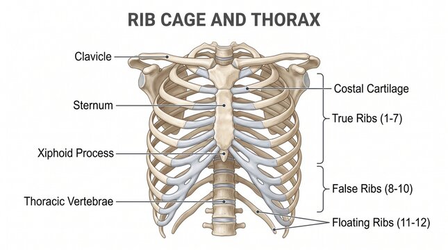 Anatomical diagram of human rib cage and thorax structure with