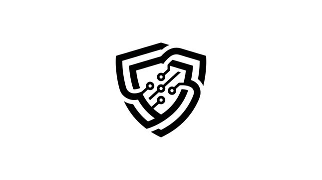 Black cybersecurity shield icon with digital circuit lines isolated