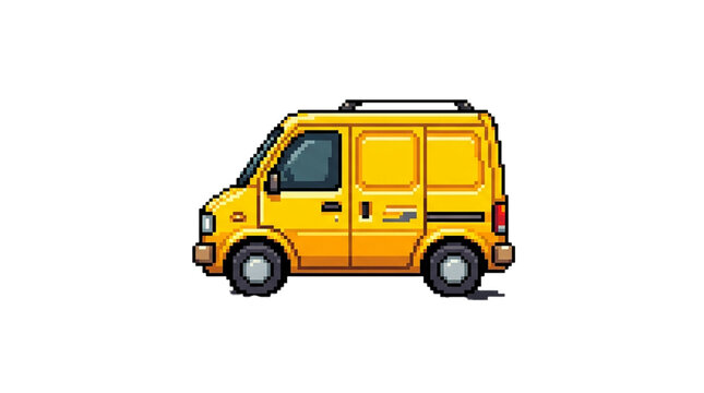 Yellow delivery van pixel art isolated on white background