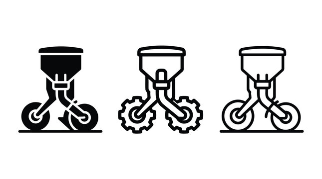 Seed Drills Planters Icon Set with Hopper and Wheels. Agricultural Machinery Illustration for Farming Concept. Featuring Drill, Planter, Agriculture with Vector and Design Elements for Crop