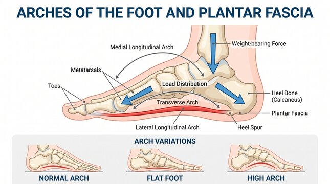 Anatomical diagram showing human foot arches plantar fascia and