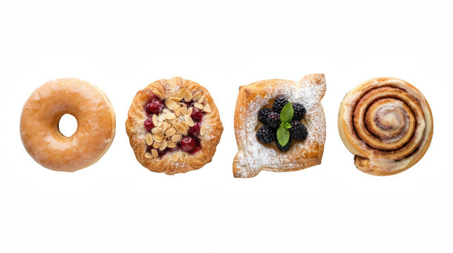 Assorted Pastries including donut danish tart and cinnamon roll on plain surface isolated on transparent background