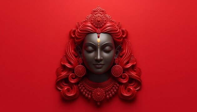 Minimalist Red Monochrome Sculpture of Goddess Durga Face with Intricate Headdress and Tilak on Clean Red Background