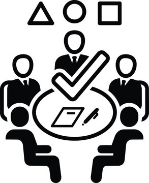Corporate meeting outline icon with people around a discussion table and check mark