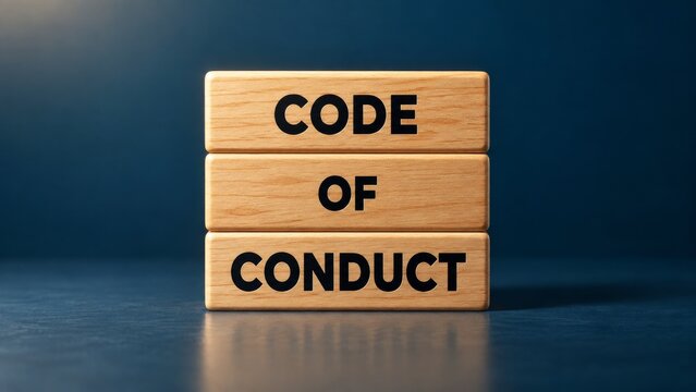 Wooden blocks spelling code of conduct on dark background