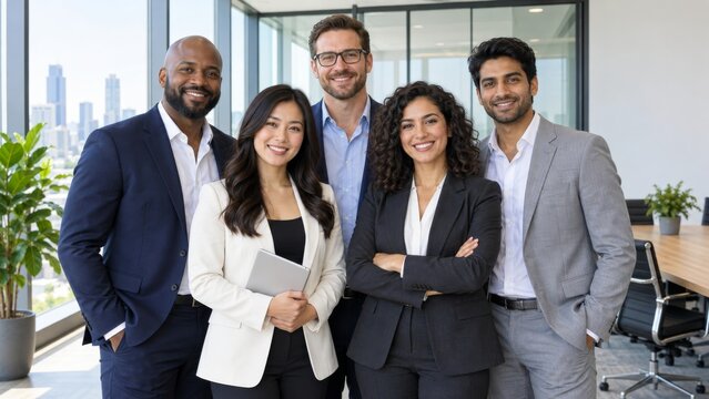 Diverse business team standing together in modern office