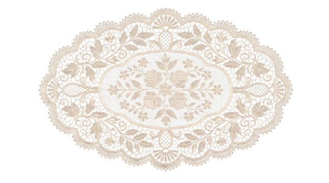 Oval lace doily with rose embroidery isolated on transparent background