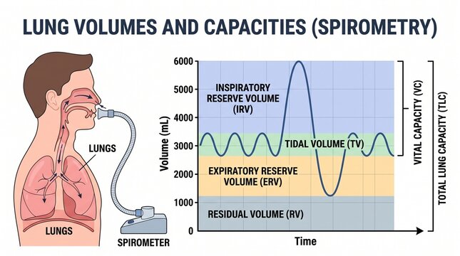 Medical spirometry test showing lung volumes and capacities with