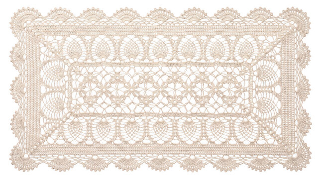 Rectangular vintage crochet doily with pineapple motif and scalloped border isolated on transparent background