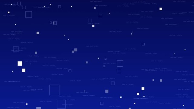 Digital coding background video featuring glowing white abstract text code and floating geometric squares floating across dark blue screen