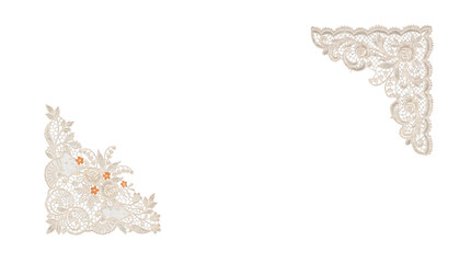 Set of two decorative vintage lace corner ornaments with floral rose and lily of the valley motifs isolated on transparent background © Liiroy