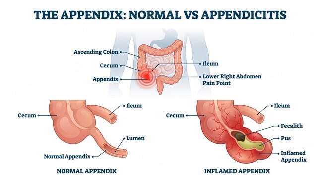Medical comparison diagram showing normal appendix versus inflamed