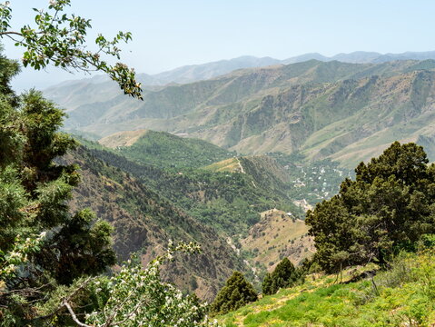 Green mountain valley with the town of Yangiabad seen from a ridge in Tashkent province, Uzbekistan, in late spring.