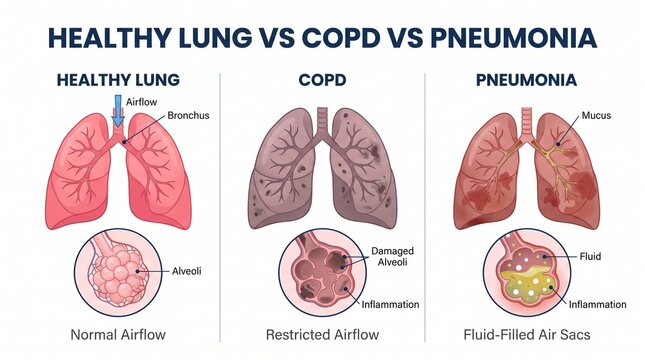 Medical comparison diagram showing healthy lung versus copd and