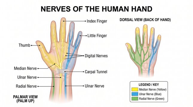 Anatomical diagram showing nerves of the human hand with palmar and