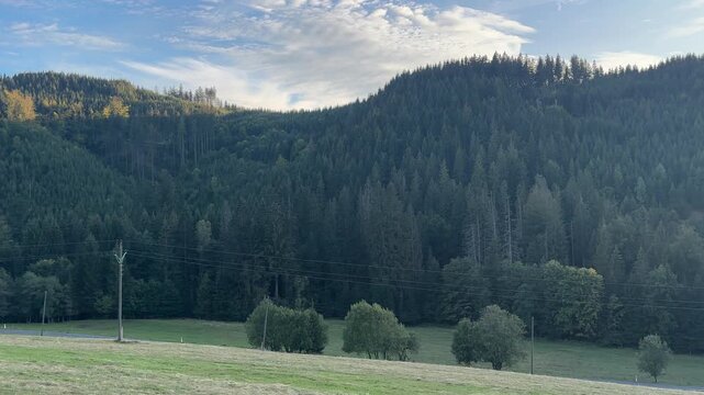 Lys&aacute; hora and Beskids mountain landscape with forested hills.