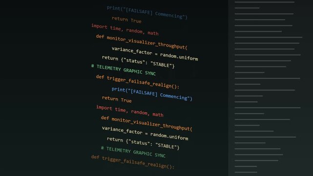 Software programming python code scrolling on dark computer monitor screen in motion video clip