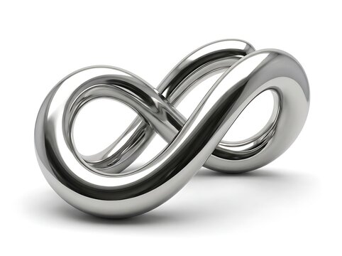 Silver mobius strip on white background representing infinity and mathematical concepts