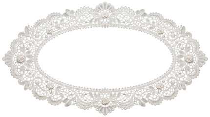 Elegant oval lace frame with floral rose motifs and delicate needlework, isolated on transparent background © Liiroy