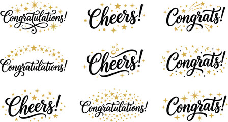 Collection of black calligraphy typography labels with golden glittering stars for graduation holiday and birthday celebration greetings © nurjahan