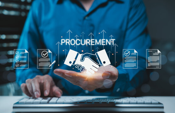 Procurement process management and vendor approval concept. Businessman using computer. contract documents, checklist, handshake agreement, purchasing workflow, supplier selection, compliance review