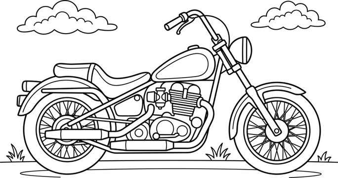 Classic chopper motorcycle coloring book page vector illustration with engine details wheels grass and outdoor clouds