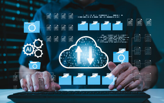 Cloud computing technology and AI document management system concept. file automation system, upload data, organize online corporate files folder, digital backup transfer, network security, Agentic AI