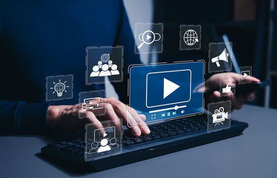 Video marketing concept. generative AI content creation, media icons for digital content strategy, online advertising, audience engagement, social communication, campaign management, business growth