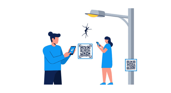 People Scanning QR Codes with Smartphones to Report City Infrastructure Damage and Maintenance Issues in a Smart City Environment